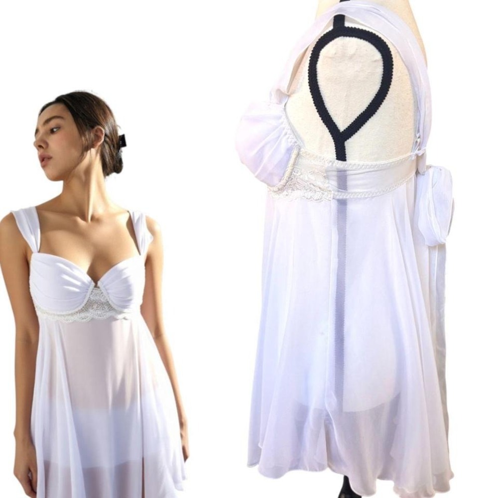 90'S‎ Y2K VINTAGE WHITE CHIFFON FAIRY BABY DOLL BLOUSE CAMI MINI DRESS MEDIUM - Picture 4 of 5